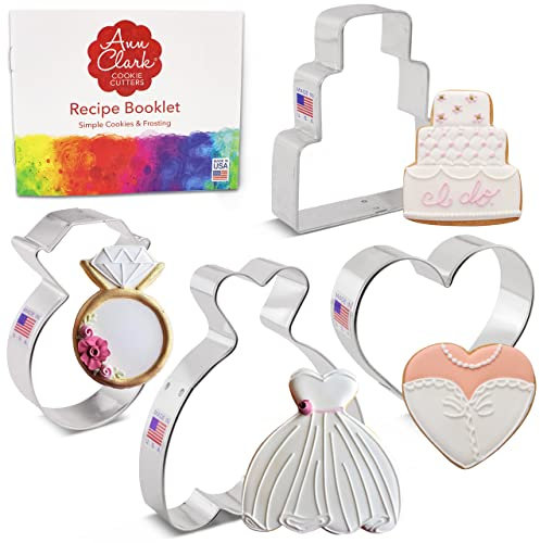 Ann Clark Cookie Cutters Juego de 4 cortadores de galletas boda con libro de recetas, vestido de boda, tarta nupcial, sortija de diamantes y corazón - Acero fabricado en EE. UU.