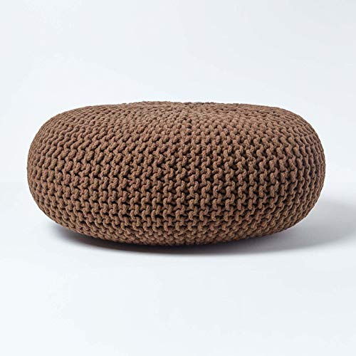 HOMESCAPES Pouf Rond tressé en Coton, Grand Pouf Tricot Coloris Chocolat, 70x23 cm
