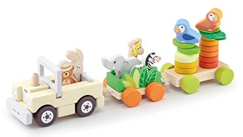 John Adams, Sevi - Safari Train Playset: Christmas, baby shower, birthday or Christening gift for kids, Wooden Toys, Ages 2+