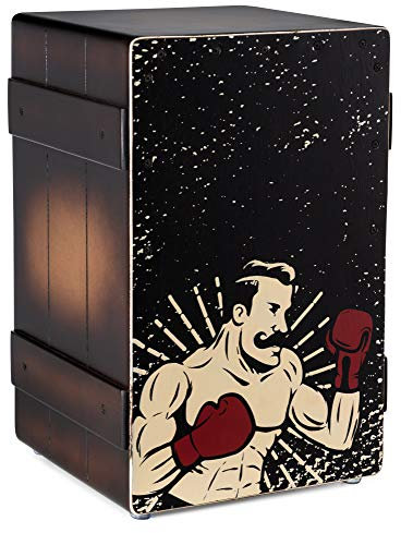 XDrum Design Series Cajon “Boxer” - Designer-Cajon mit Comic-Aufdruck - Integrierter Bass Port - Korpus aus HPL in Bananenkisten-Optik - Fest installierter Snare-Teppich