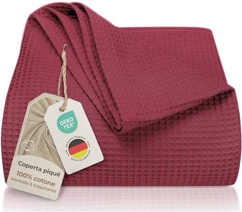 LAYNENBURG Premium Tagesdecke 180 x 220 cm - Waffelpique 100% Baumwolle - leichte Wohndecke Waffeloptik - Baumwolldecke als Bett-Überwurf, Sofa-Überwurf, Couch-Überwurf - Sofa-Decke (Bordeaux)