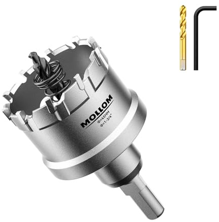 Mollom 1-3/4 (45mm) Scie à trou carbure 2 mèches pilotes incluses | Coupe-trous qualité industrielle pour acier inoxydable, acier doux, fer, cuivre, laiton, aluminium, plastique