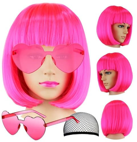 Party Wigs Wig Cap and Sunglass Set,Short Bob Hair Wigs Straight with Flat Bangs Synthetic Colorful Cosplay Daily Party Neon Wig for Women (pink)
