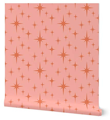 Peel & Stick Wallpaper Swatch - Pink Orange Atomic Age Vintage Blue Retro Orange 1950S Space Custom Removable Wallpaper by Spoonflower