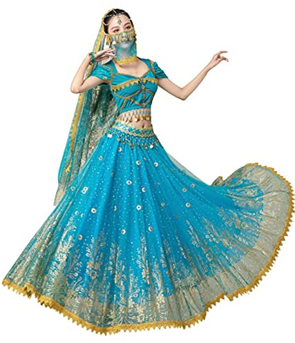 OTMYIGO Indisk dansdräkt för kvinnor, festival, arabisk prinsesskostymer, broderi, Bollywood, jasminkostym, fest, cosplay, jasmin, prinsessa, fin outfit, blå, M