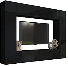 BROMARKT Premium Wohnwand Set 4 Teile Schrank Wohnzimmer Möbel mit Wandschrank Modern Wohnzimmerschrank Komplett Hochglanz Schwarz