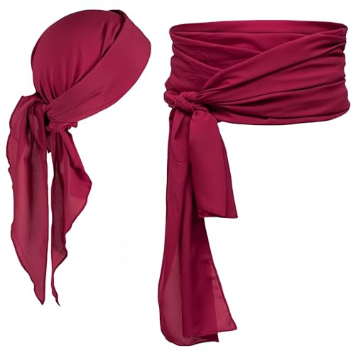 Proumhang Set d'Accessoires de Pirate avec Bandeau, Ceinture de Taille Médiévale, Foulard Bandanas pour Halloween Enfants Adultes Rouge Vin