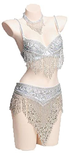 AGAATI Bauchtanz-Kostüme für Damen mit Fransen, Tribal-Tanz-Outfits, Bauchtanz-Oberteil, BH und Bauchtanz-Gürtel, 2-teiliges Set (Weiß L)