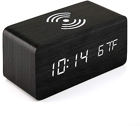 HEIBTENY Radio despertador digital, carga inalámbrica, despertador electrónico con cable de alimentación USB, función de despertador, indicador de temperatura, pantalla LED con regulador de intensidad