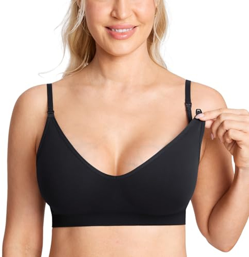 MOMANDA Women's Seamless Nursing Bras Ribbed Maternity Bralette Wireless Breastfeeding Non Padded Sleep Bra Black L