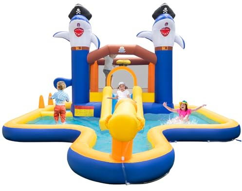 Maxmass Inflatable Bouncy Castle, Kids Water Park with Slide, Climbing Wall, Basketball Hoop, Ring Toss, Water Cannon, Outdoor Bounce House for 3+ Years Old (Shark Themed)