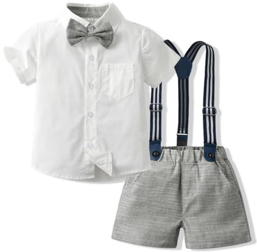 Yaopelky Pojkar Sommar Herr Kostymer Pojke Kortärmad Skjorta med Fluga Hängslen Shorts Kostym 1–8 år, grå, 7-8 años