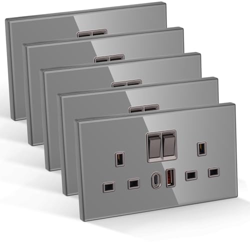 CNBINGO Double Switched Socket with 20W PD USB C and A Fast Charging Ports, Electric Power Sockets 2 Gang 13 Amp, Grey Tempered Glass Panel Wall Outlet, 5 Pack | 20W PD Typ-C and USB-A Fast Charging Ports, Electric Socket with Power Switch, 2 Gang 13 Amp Wall Outlet, DIY install
