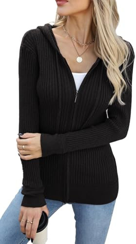YUTILA Damen Zip Strickjacke Ribbed - Bequemer, Figurbetonter Sweatshirt Casual Sport Kapuzenpullover mit Reißverschluss