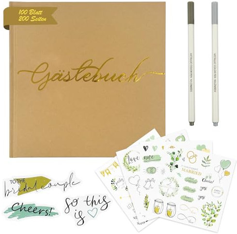 Libro degli ospiti per matrimonio, 100 pagine bianche (21,5 x 21,5 cm) con titolo dorato, libro degli ospiti con 2 penne e 4 adesivi per matrimoni, anniversari, compleanni, album di coppia, baby