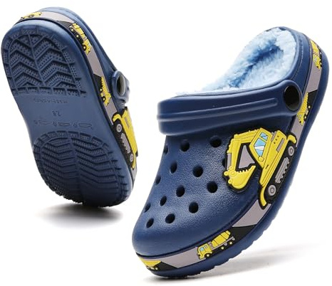 Kids Fur Lined Garden Clogs: Cartoon Sandals - Fleece Winter Warm Home Slippers for Boys Girls Toddler Navy 26