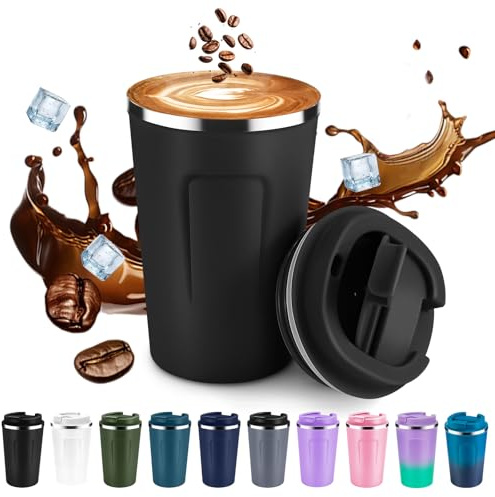 Volhoply Taza de café de viaje aislada al vacío de doble pared de 12 onzas con tapa abatible, taza de café reutilizable de acero inoxidable a prueba de fugas, vaso térmico portátil de café helado