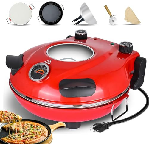 Macchina per Pizza Elettrica, Forno per Pizza Portatile da Interno da 12 Pollici con Pietra per Pizza E Griglia, Finestra in Vetro, Timer, Riscalda Fino A 420 ℃ Fornello per Pizza Red