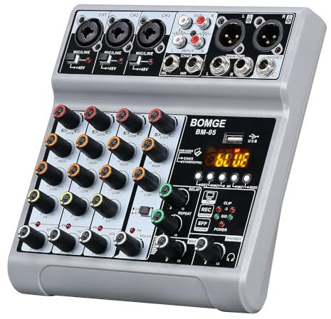 BOMGE Mixer audio, console di mixaggio con 5 canali USB digitale Bluetooth effetto ritardo eco, alimentazione phantom 48 V mixer stereo DJ per registrazione, live streaming, podcasting