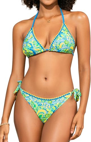 SHEKINI Damen Triangel Schnürschuh Bikini Set Badeanzug Rückenfrei Strandkleidung Boho Bedruckter Zweiteiliger Bademode（M,Gelb Blumendruck）