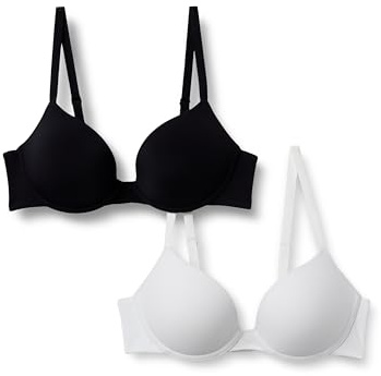 Amazon Essentials Reggiseno Push-Up con Scollo Profondo Foderato in Microfibra Donna, Pacco da 2, Bianco/Nero, 1A