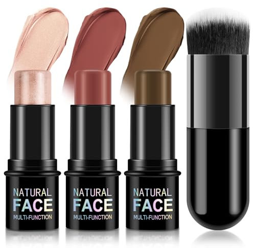 LOPHE Cream Contour Stick Makeup Kit, 3Pcs with Brush Waterproof & Easy to Blend, Highlighter Blush Bronzer for Face Sculpting & Natural Glow for Effortless Cheekbones Definition for All Skin Tones