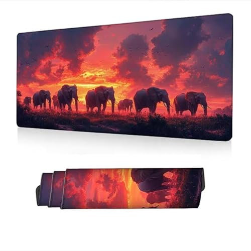 Tapis de Souris XXL 1400x600x3mm, Tapis Souris Prairie Mousepad Imperméable, Éléphant Mouse Pad avec Base Antidérapant, Desk Mat avec Bords Surpiqués, Deco Bureau, Gaming Accessoire, Cadeaux S1-46
