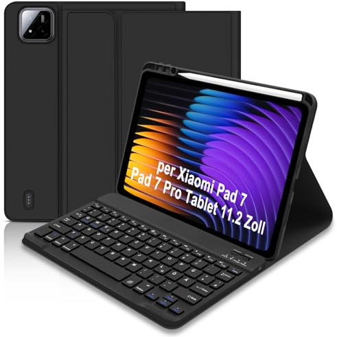 Hofsos Hülle mit Tastatur für Xiaomi Pad 7/7 Pro 11.2 Zoll 2025, Deutsches Tastatur für Xiaomi Pad 7 Pro 11.2“ - Schutzhülle mit Pen Halter Wireless für Xiaomi Tablet 7 (Schwarz)
