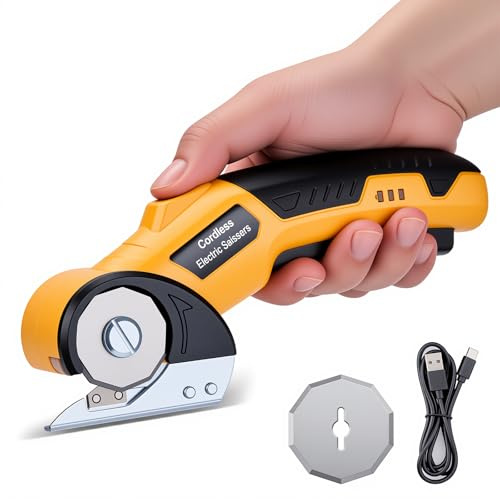 Electric Scissors, Cardboard Cutter with 2 Blades, Safety Lock & LED Light – Cordless Electric Scissors for Cutting Box, Carpet, Fabric, Plastic, and Leather