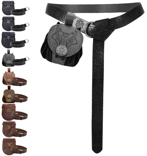 AUNGKWANG Mittelalter Kleidung Herren Damen, Mittelalter Gürteltasche mit Nordischem Retro Kordelzugbeutel, Renaissance Kunstleder Gürtel und Gürteltasche Set für Halloween, Karneval, LARP, Ren Faire