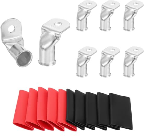 sourcing map 8pcs 4/0 Awg 90° Bent Copper Lugs Battery Cable Ends, 4/0 Gauge 5/16 Stud Battery Lugs Ring Terminal Connectors with 8pcs 3:1 Black & Red Heat Shrink Tubing,Silver