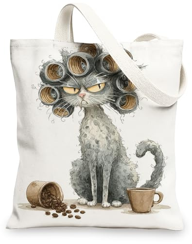 Süße Katzen-Canvas-Tragetasche, fantasievolles Katzen-Kunstmuster, wiederverwendbare Einkaufstasche, Vintage-Cartoon, leicht, waschbar