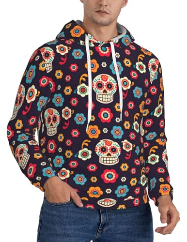 nanger Felpa con cappuccio casual da uomo con stampa teschio messicano, felpa con cappuccio in pile sottile a maniche lunghe con tasca, nero, Large