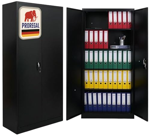 PROREGAL Flügeltürenschrank Elephant Metall Aktenschrank abschließbar 2 Türen 180x80x40cm Stahl 4 Ebenen Stahlschrank Pulverbeschichtung Schwarz Werkstattschrank Mehrzweckschrank Büroschrank