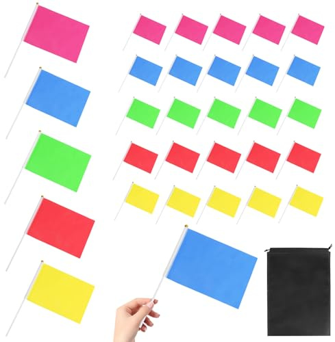 30 Mini Drapeaux Colorés 21×14cm Avec BâTon 30cm, Petits en Drapeaux Tenus à La Main Rouge, Jaune, Bleu, Vert & Rose, Mini Drapeauxs Pour FêTe, Jardin, éCole & DéCoration D’éVéNement