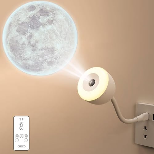 Justup Projektor Lampe, LED Mondlicht Projektorlampe mit Fernbedienung und Timer, USB-Steckernachtlicht Dimmbare Mondnachtlampe für Schlafzimmer, Weihnachtsgeschenke für Mädchen, Jungen (Weiß)