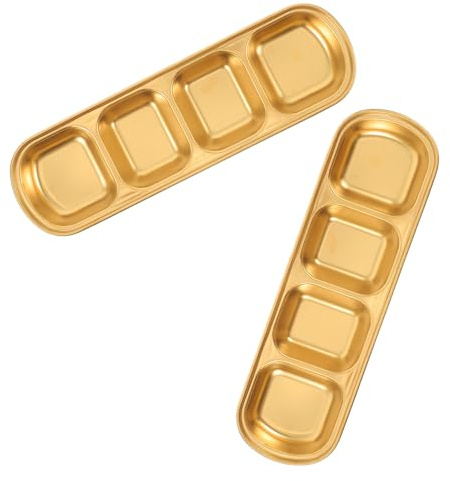 COLLBATH 2 piezas Platos de Condimento Cuadrados de Acero Inoxidable con Compartimentos Bandeja para Salsas Divididas para Barbacoa y Hot Pot de Fácil de Limpiar y Almacenar Color Dorado