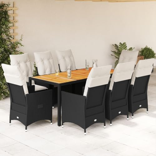 Tonture 9-TLG. Trädgårdmatgrupp svart av poly rotting, justerbar relaxfåtölj, akaciaträbord 190 x 90 cm, krämvit kudde, UV-beständig, för terrass, balkong, utomhus