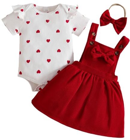 LUVCES 3 Piezas Conjunto Falda con Tirantes de Pana para Niña Recién Nacida Top Acanalado con Corazón y Diadema Ropa Bonita para Otoño e Invierno San Valentín