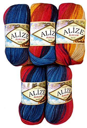 Alize Burcum Batik 5 x 100 Gramm Wolle Mehrfarbig mit Farbverlauf, 500 Gramm Strickwolle (blau rot gelb u.a. 4340)