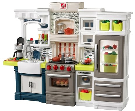 Step2 Elegant Edge Kids Kitchen Playset, Indoor/Outdoor Kitchenette, Interactive Play with Lights and Sounds, Made of Durable Plastic, Includes 78 Piece Toy Accessories, For Toddlers 3+ Years Old