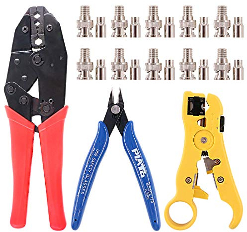Swpeet 13 piezas profesional coaxial BNC conector Crimp Kit de herramientas de crimpado con 10 piezas CCTV BNC Crimp Conector, Extra alambre pelacables cortador y alicates laterales perfecto para