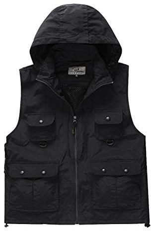 Daoba Herren Schnell Trocknend Outdoor Weste mit Kapuze Multifunktionsweste mit Vielen Taschen Angel-Westen für Jagd Camping Fotografie Wasserdicht