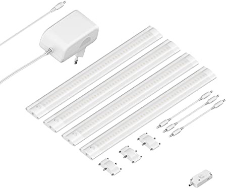 ledscom.de LED Unterbau-Leuchte SIRIS weiß matt mit Bewegungsmelder, flach, je 30cm, je 370lm, weiß, 4er Set
