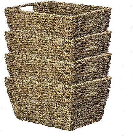 Seagrass Storage Baskets – Set of 4 Hand-Woven Hampers with Handles | Natural Nesting Baskets for Bathroom Shelves, Bedroom & Home Office | M&W