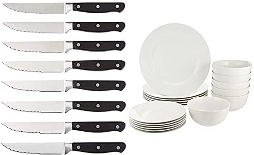 Amazon Basics - Juego de 8 cuchillos de carne + Vajilla para 6 personas (18 piezas)