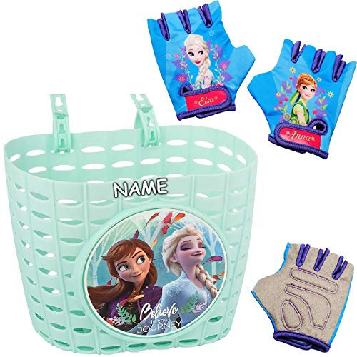 alles-meine.de GmbH 3 TLG. Set: Fahrradkorb/Korb + Fahrradhandschuhe - die Eiskönigin - Frozen - inkl. Name - mit Befestigung für Lenker vorne - Fahrrad Kinder - Mädchen - Bast..