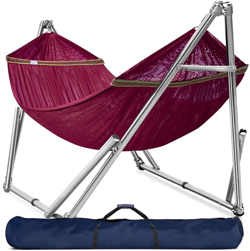 Tranquillo Double Hammock with Stand 650lb Capacity Double Hammock with Spreader Bar, Solid Grade 201 Stainless Steel 30s Set Up, Sturdy Flexible Portable, Outdoor Indoor, Red