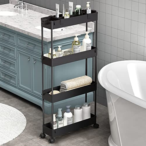 SPACELEAD Slim Storage Cart 4 Tier,Bathroom Organizer Rolling Utility,Mobile Shelving Unit Slide Out for Office, Kitchen, Laundry Room & Narrow Places,Black