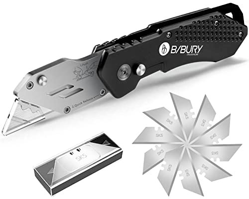 BIBURY Taglierino Professionale,Taglierino Pieghevole in Acciaio Inox con 10 Lame Taglierino,Cutter Professionale con Maniglia Antiscivolo e Design del Blocco di Sicurezza,Taglierino Piccolo - Nero